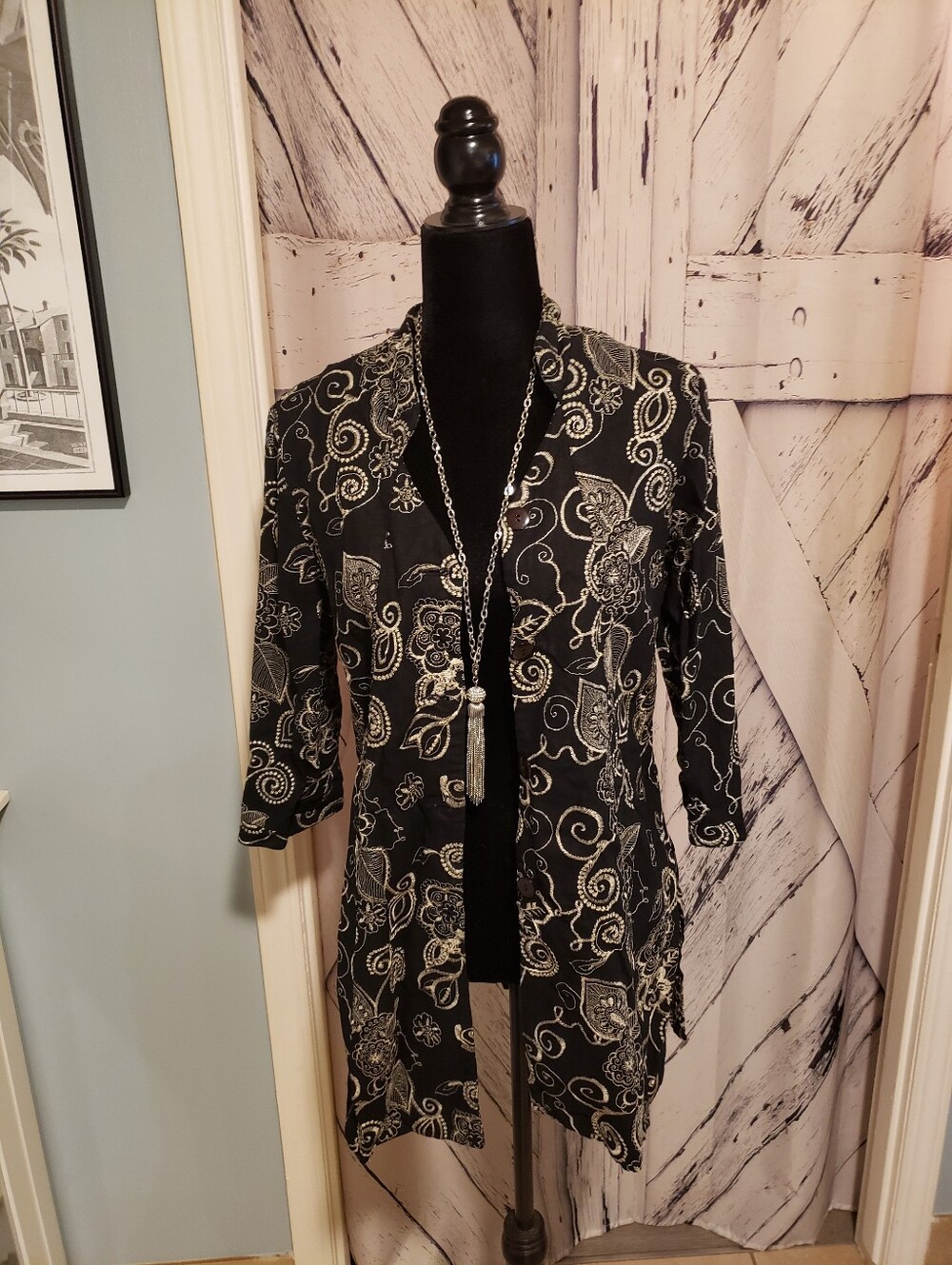 Bellessa Black Floral Open-Front Women's Jacket Size L